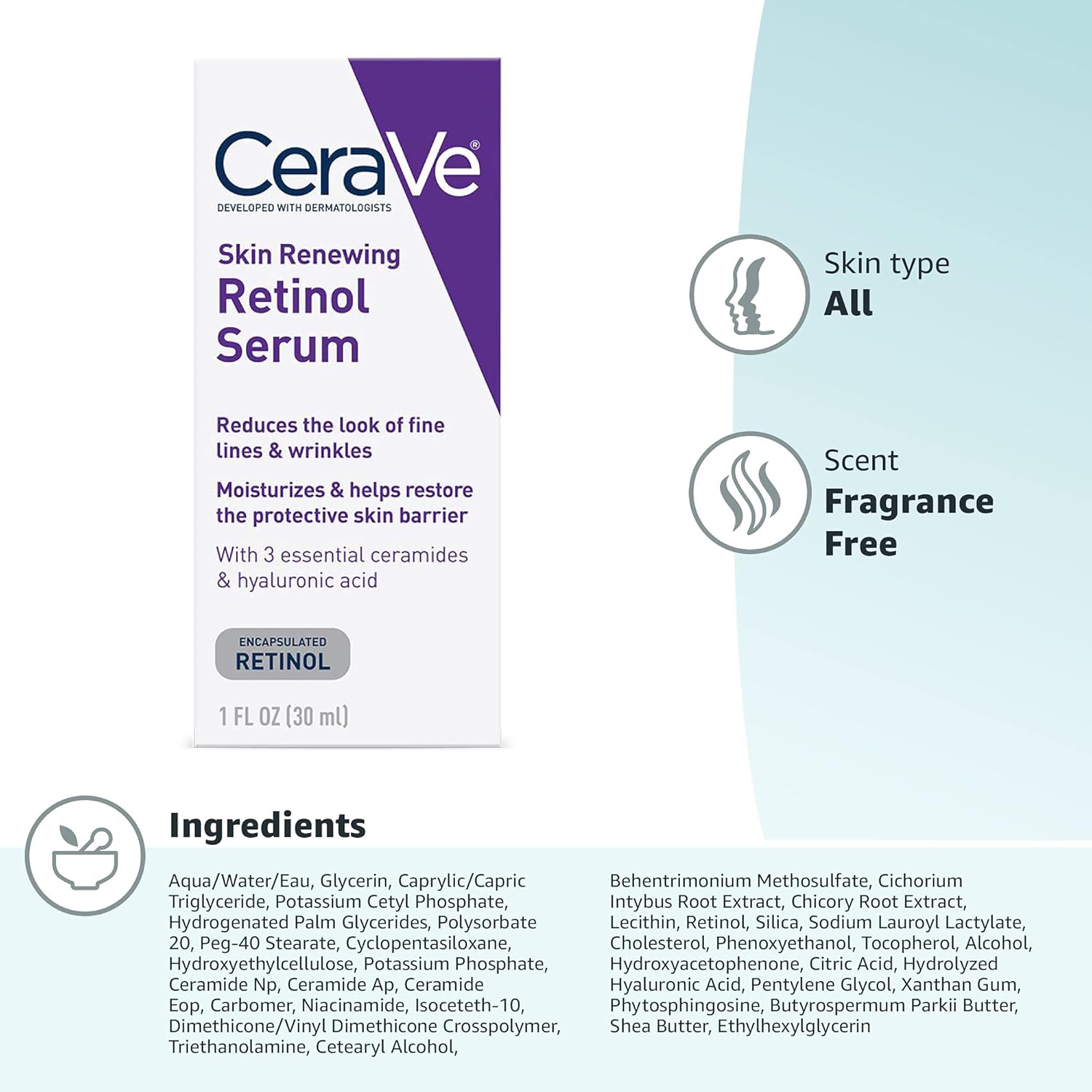 anti Aging Retinol Serum for Face, Encapsulated Retinol with Hyaluronic Acid, Niacinamide & Ceramides, Smooths Wrinkles & Fine Lines, Gentle Skin Brightening Serum, Fragrance Free, 1 Oz